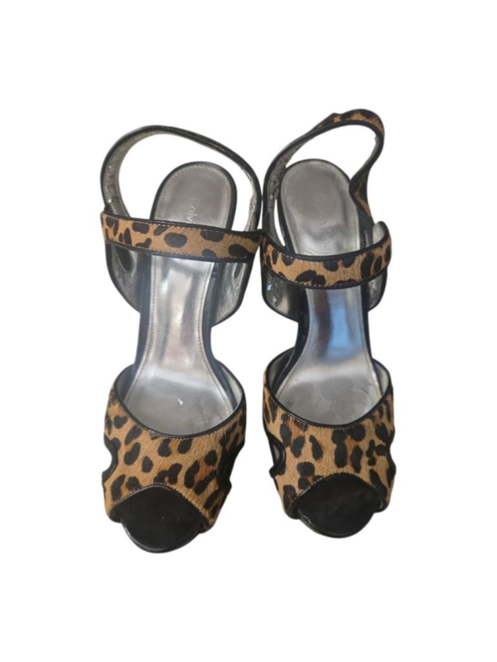 Women's Calvin Klein Leopard Print Peep Toe Heels Size 6 Brown Black